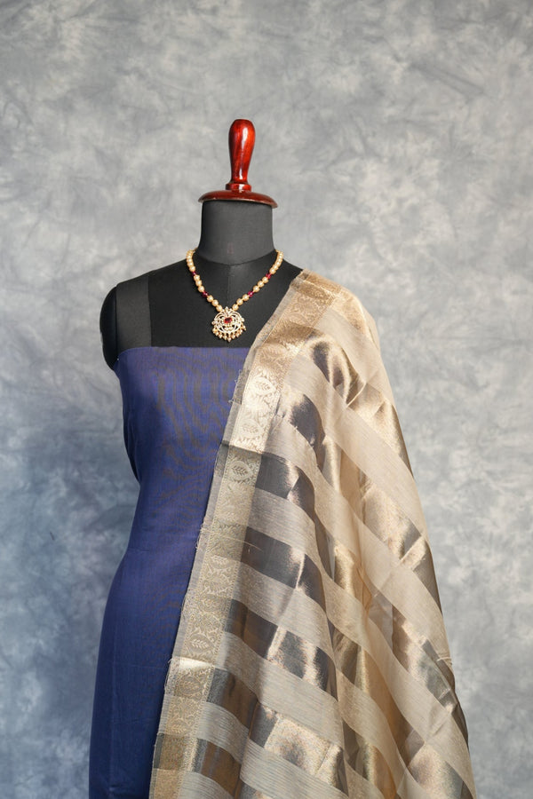 Navy Blue Chudi Material Set | Silk Fabric Gold Zari Border | Festive & Casual Wear
