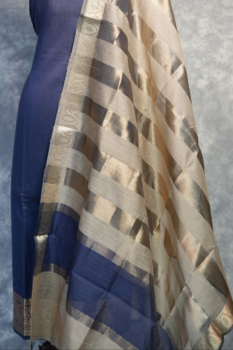 Navy Blue Chudi Material Set | Silk Fabric Gold Zari Border | Festive & Casual Wear