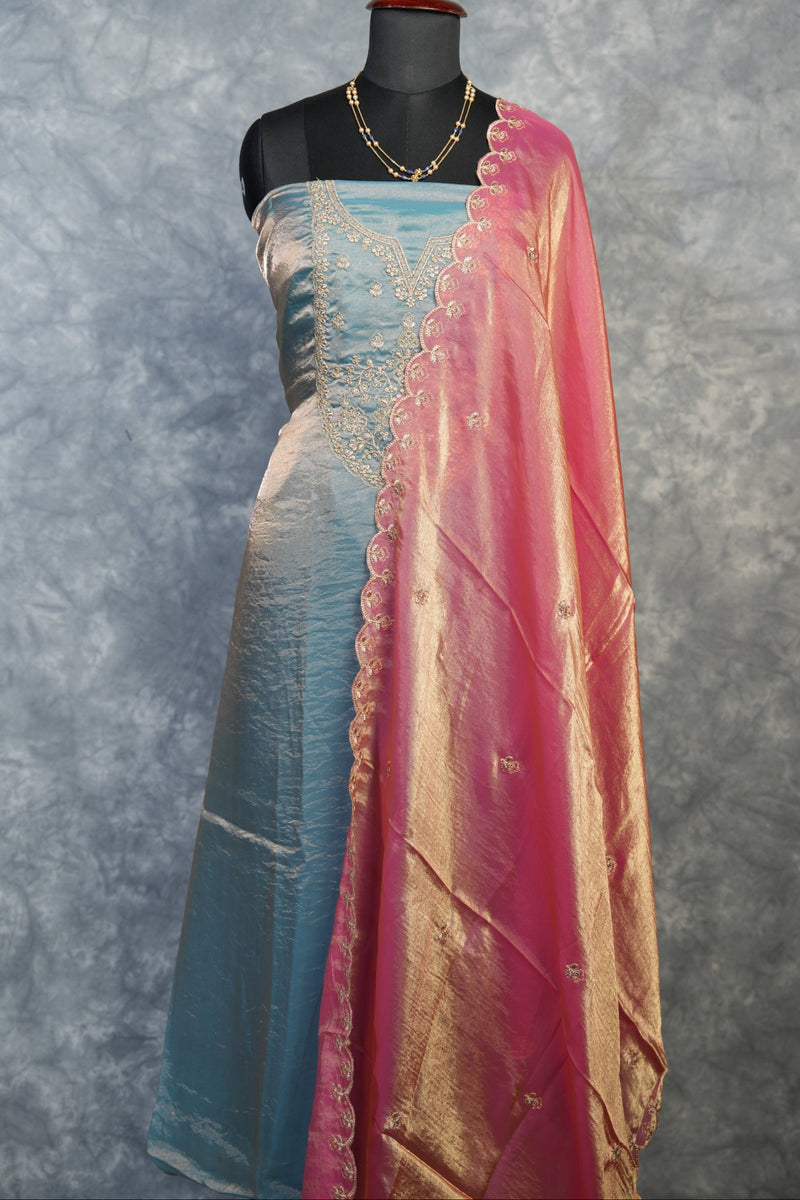 Sky Blue Silk Chudi Set | Space Silk Fabric Scallop Border | Festive & Casual Wear