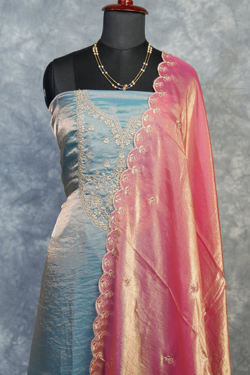 Sky Blue Silk Chudi Set | Space Silk Fabric Scallop Border | Festive & Casual Wear
