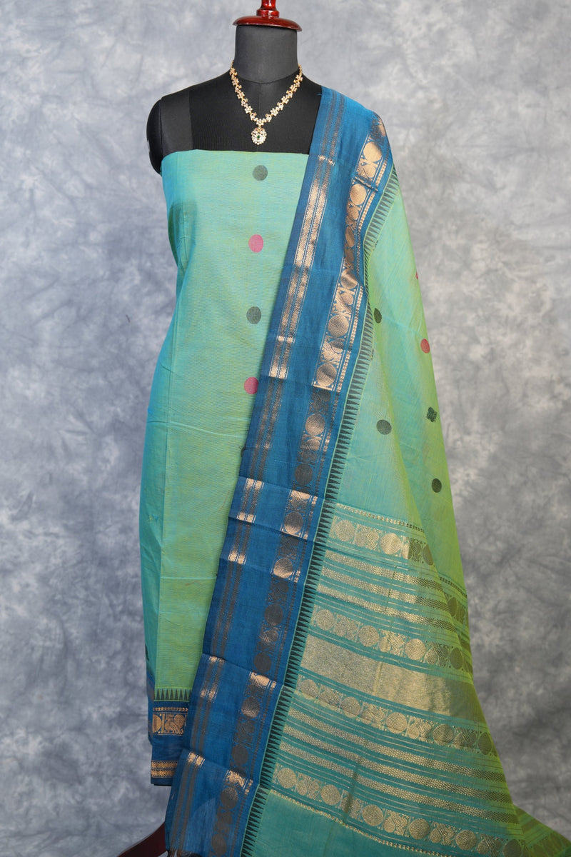 Aqua Green Cotton Chudi Set | Woven Border Dupatta Included | Festive & Casual Wear