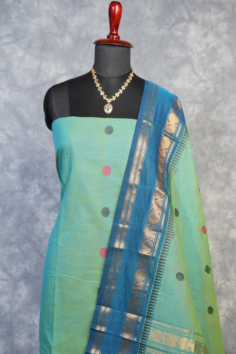 Aqua Green Cotton Chudi Set | Woven Border Dupatta Included | Festive & Casual Wear