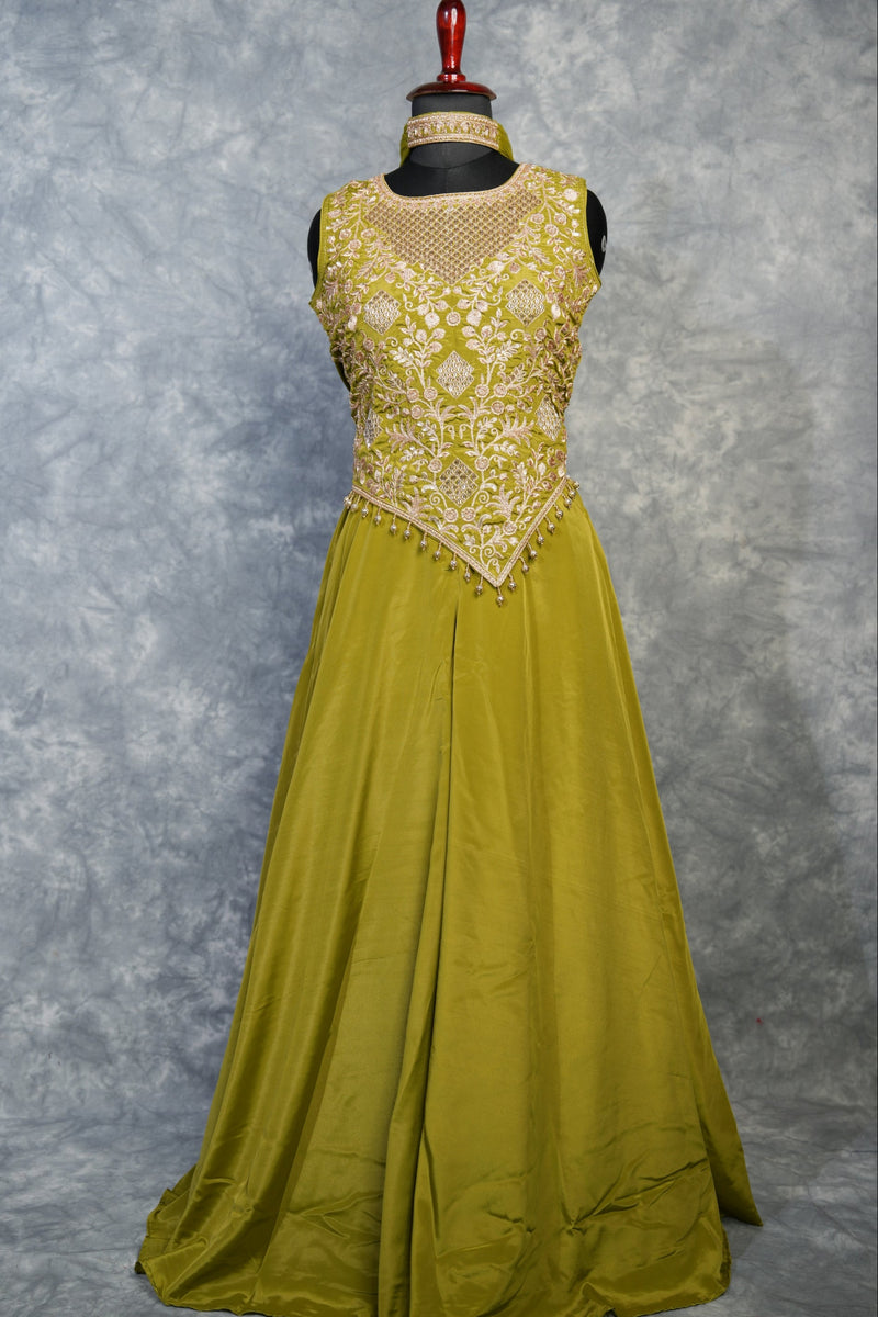 Olive Green Embroidered Anarkali Set for Girls | Festive & Party Wear | Choker Neck