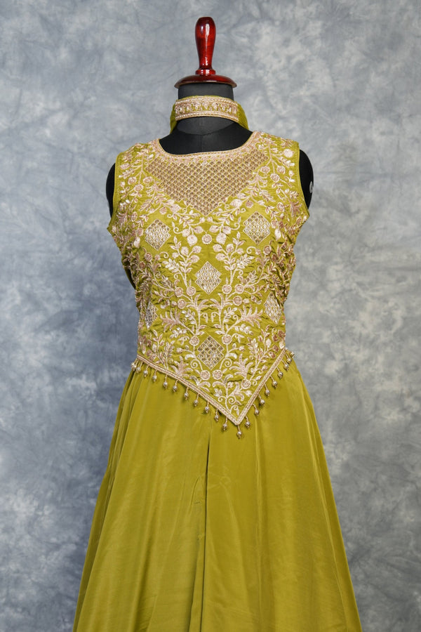 Olive Green Embroidered Anarkali Set for Girls | Festive & Party Wear | Choker Neck
