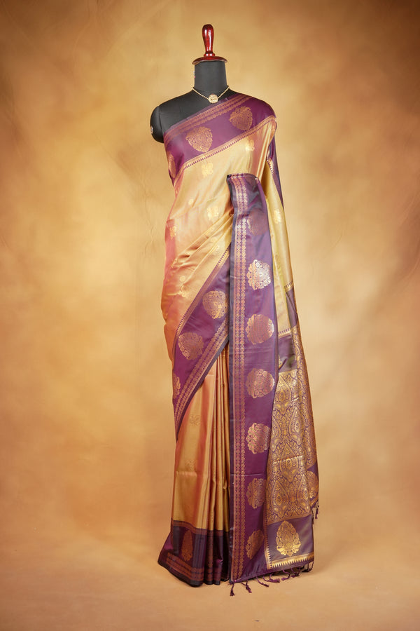 Mayuri Silk Saree | Antique Gold with Purple Paisley Border | Wedding & Festive Wear