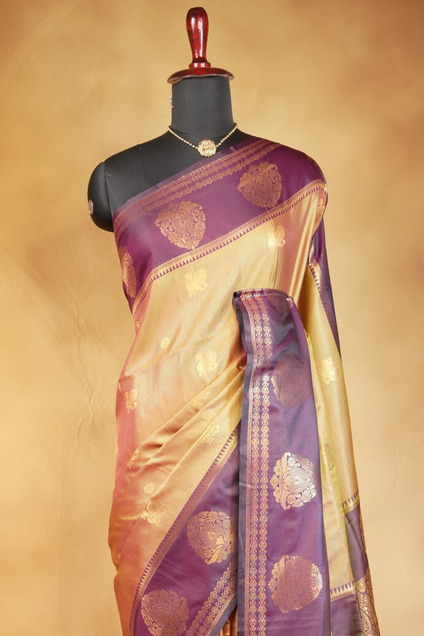 Mayuri Silk Saree | Antique Gold with Purple Paisley Border | Wedding & Festive Wear