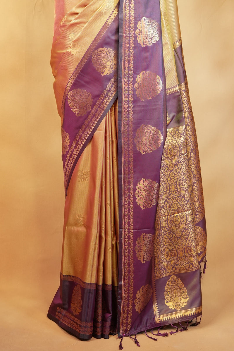 Mayuri Silk Saree | Antique Gold with Purple Paisley Border | Wedding & Festive Wear