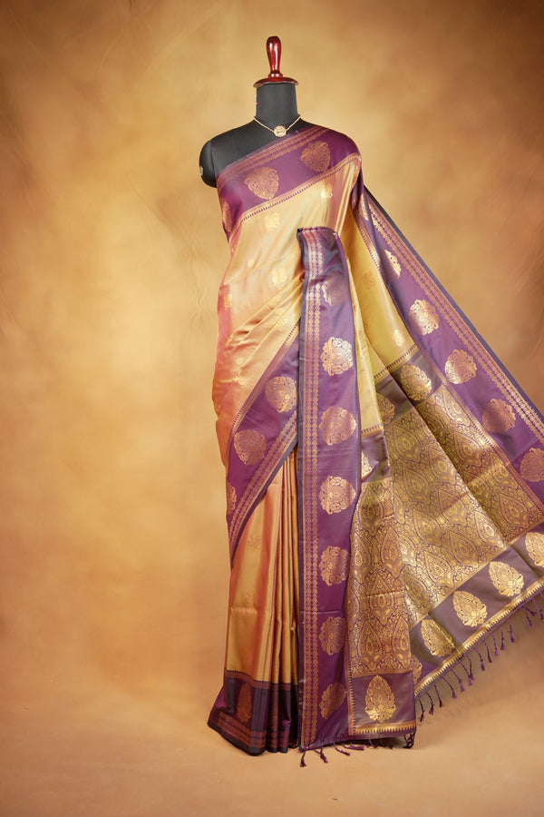 Mayuri Silk Saree | Antique Gold with Purple Paisley Border | Wedding & Festive Wear