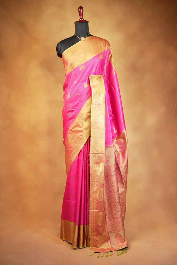 Mayuri Silk Saree | Rani Pink with Antique Gold Zari Border | Wedding & Festive Wear