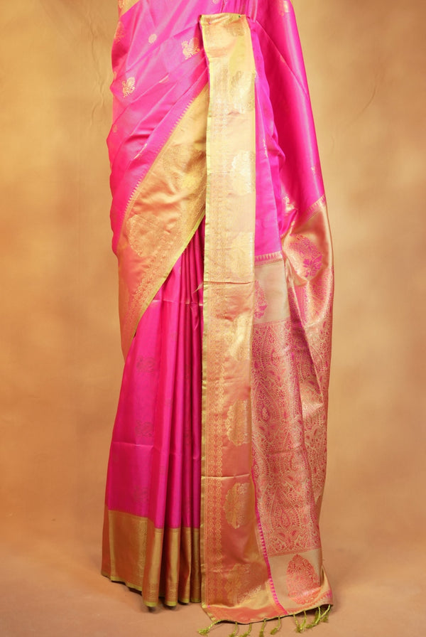 Mayuri Silk Saree | Rani Pink with Antique Gold Zari Border | Wedding & Festive Wear