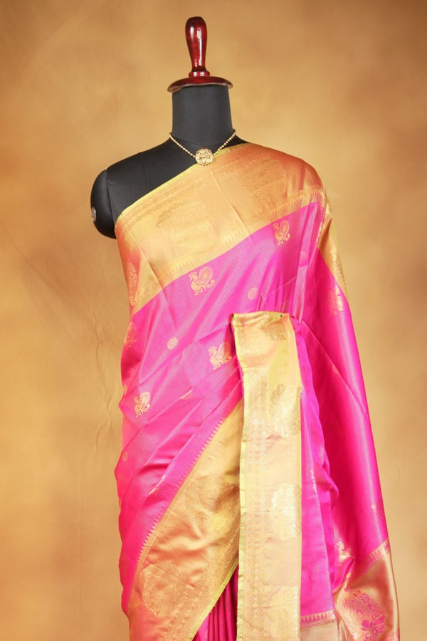 Mayuri Silk Saree | Rani Pink with Antique Gold Zari Border | Wedding & Festive Wear