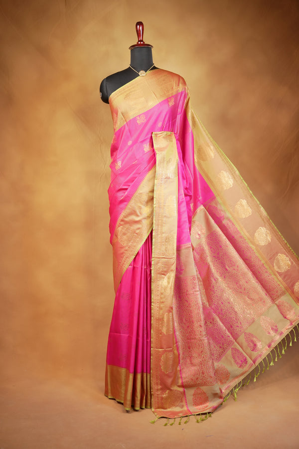 Mayuri Silk Saree | Rani Pink with Antique Gold Zari Border | Wedding & Festive Wear