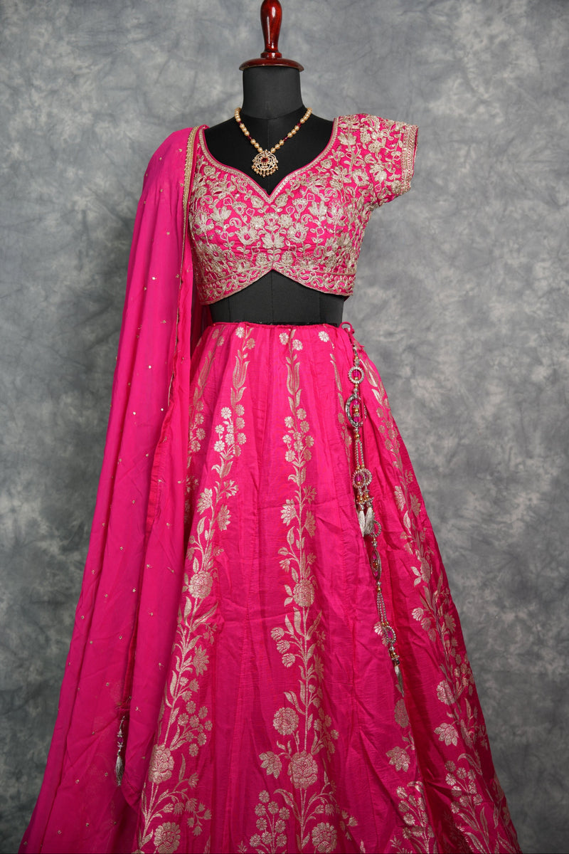 Rani Pink Floral ladies midi - A vibrant Rani Pink floral ladies midi featuring elegant all-over golden floral prints, a flattering silhouette, and rich fabric that drapes beautifully&nbsp;