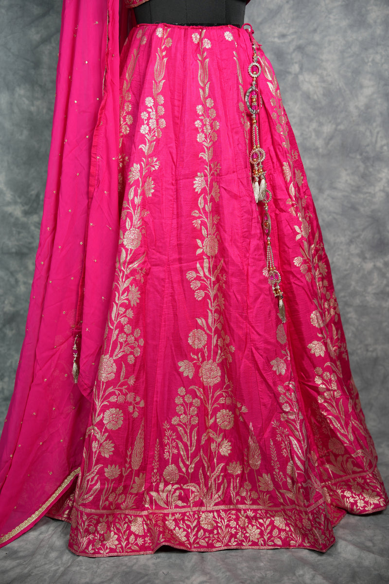 Rani Pink Floral ladies midi - A vibrant Rani Pink floral ladies midi featuring elegant all-over golden floral prints, a flattering silhouette, and rich fabric that drapes beautifully&nbsp;