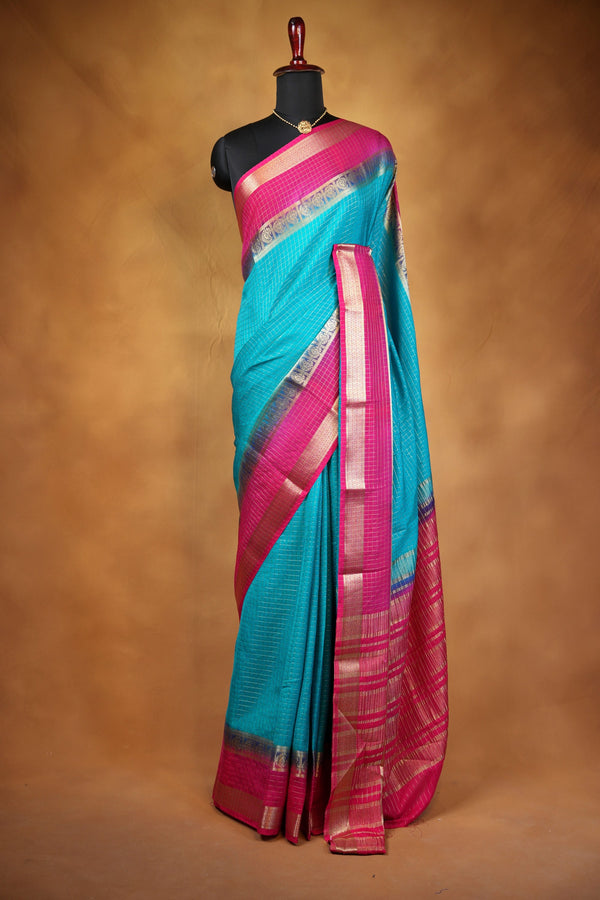 Binny Silk Saree | Sky Blue with Rani Pink Golden Zari Border | Festive & Casual Wear
