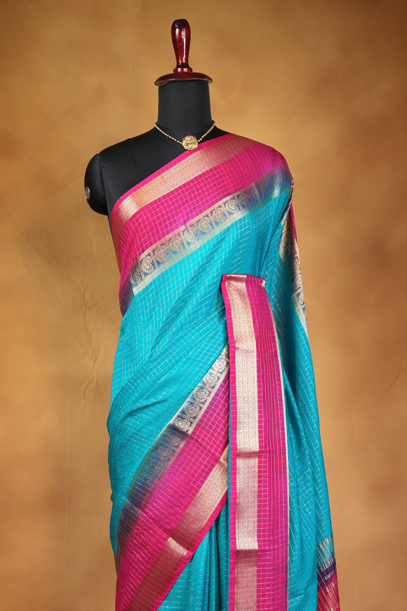 Binny Silk Saree | Sky Blue with Rani Pink Golden Zari Border | Festive & Casual Wear