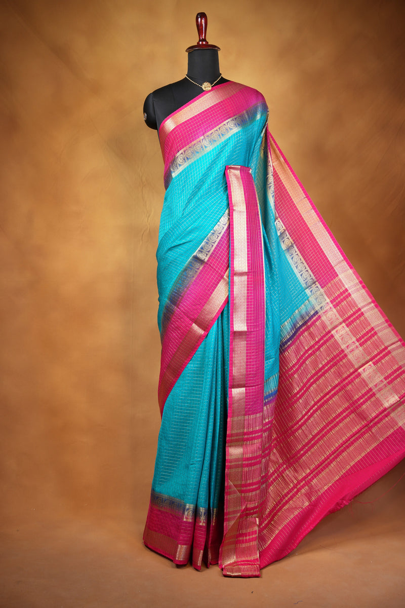 Binny Silk Saree | Sky Blue with Rani Pink Golden Zari Border | Festive & Casual Wear