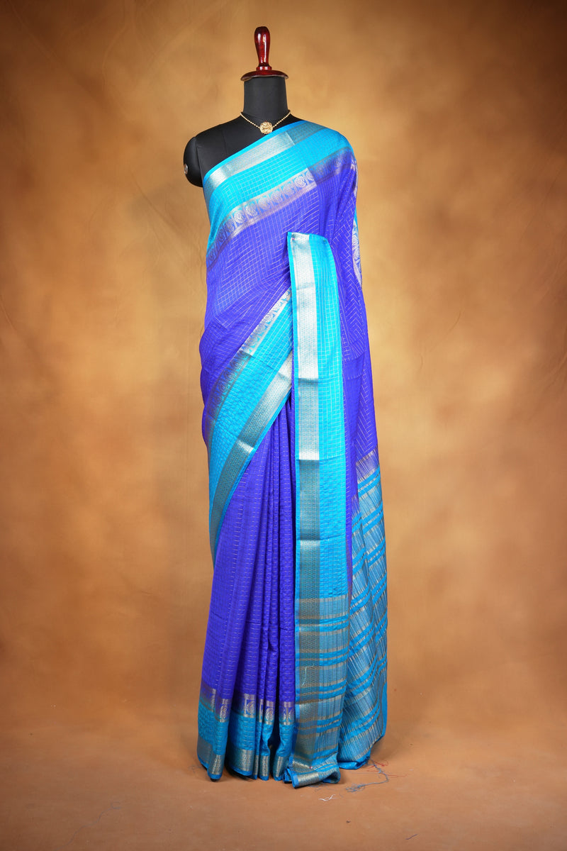 Binny Silk Saree | Royal Blue with Sky Blue Silver Zari Border | Festive & Casual Wear