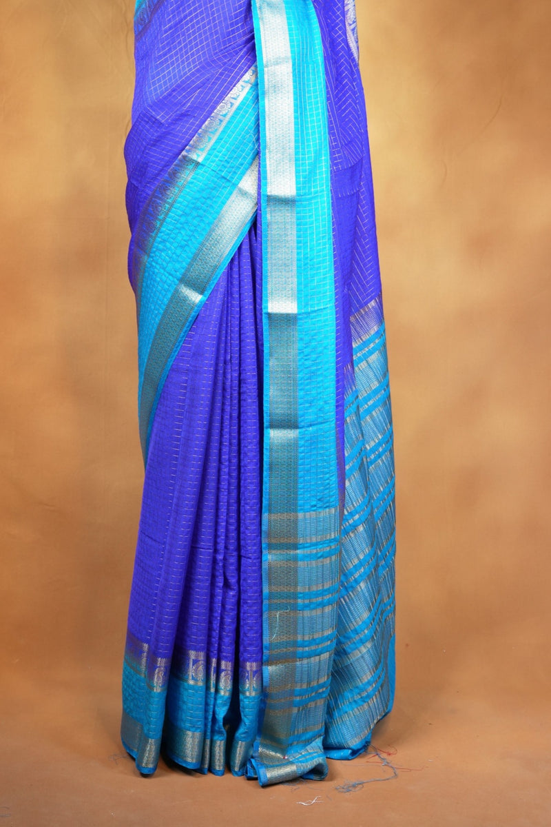 Binny Silk Saree | Royal Blue with Sky Blue Silver Zari Border | Festive & Casual Wear