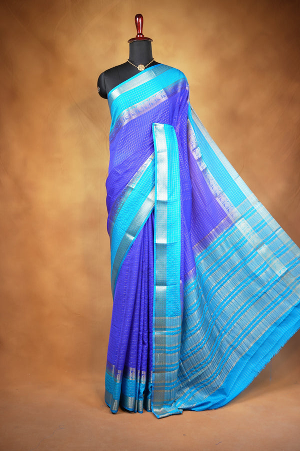 Binny Silk Saree | Royal Blue with Sky Blue Silver Zari Border | Festive & Casual Wear