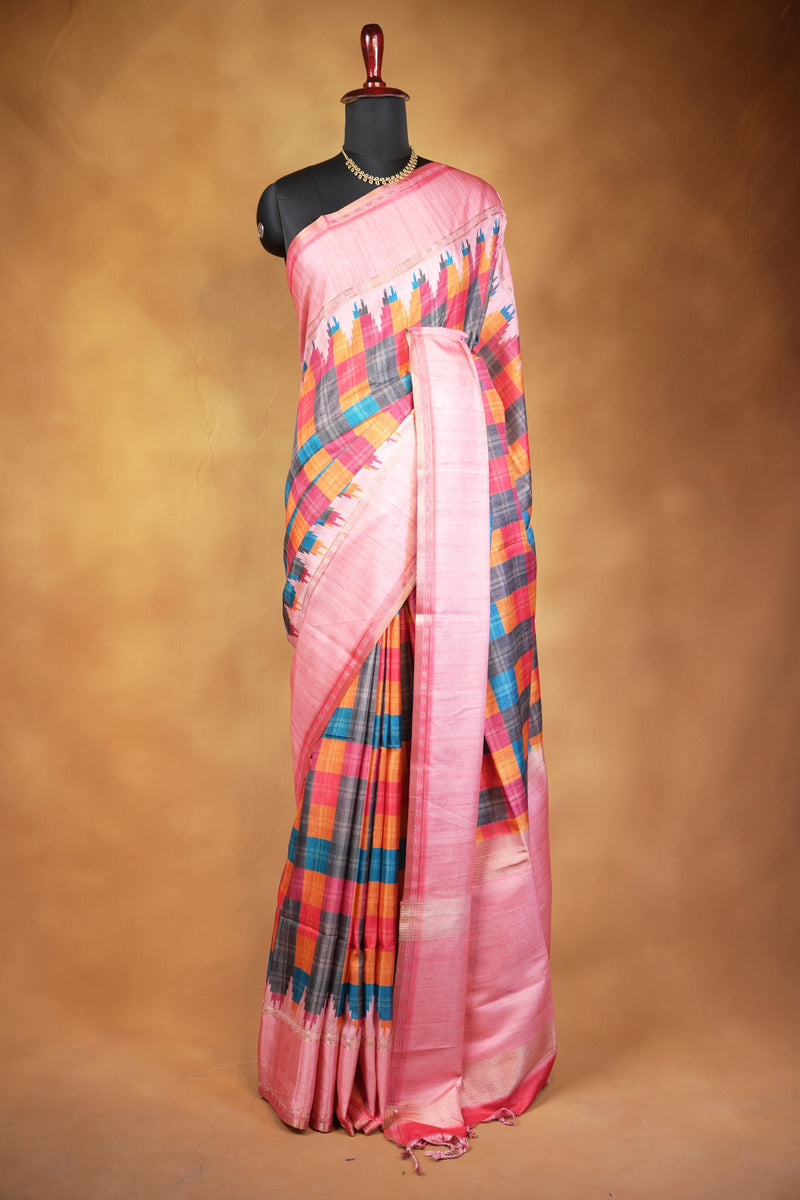 Tussar Silk Saree | Baby Pink with Multicolor Ikat Checkered Print | Festive & Casual Wear