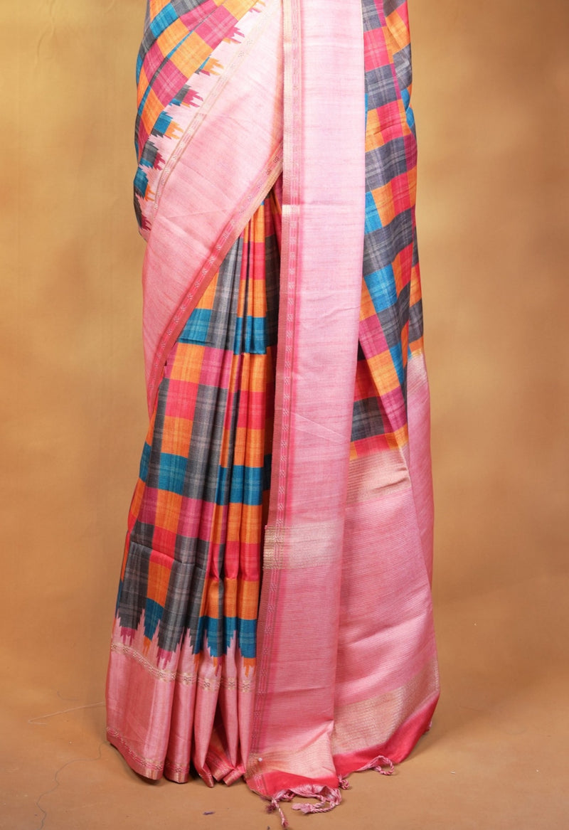 Tussar Silk Saree | Baby Pink with Multicolor Ikat Checkered Print | Festive & Casual Wear