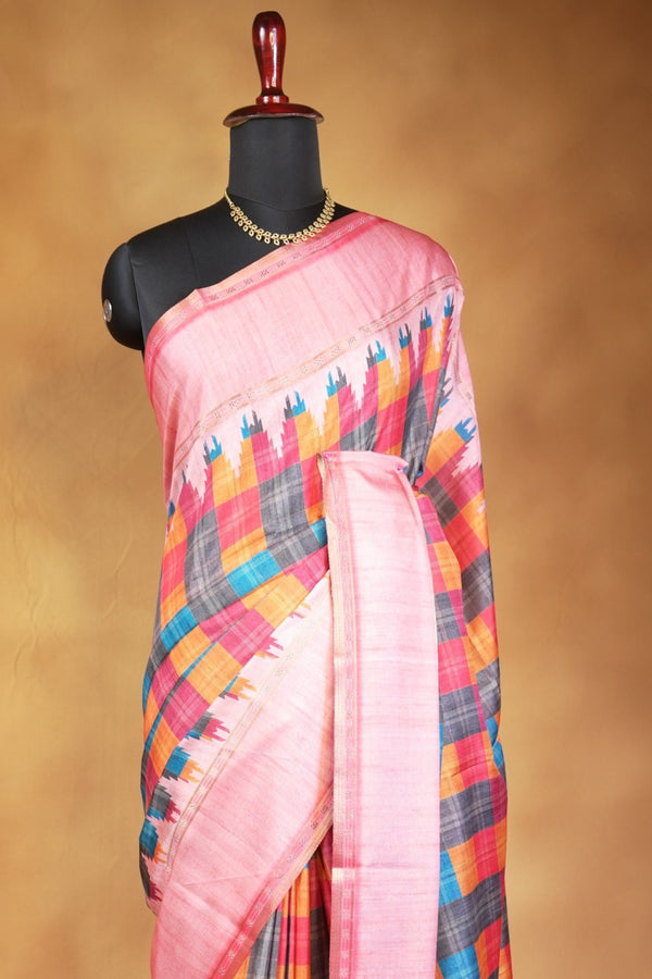 Tussar Silk Saree | Baby Pink with Multicolor Ikat Checkered Print | Festive & Casual Wear
