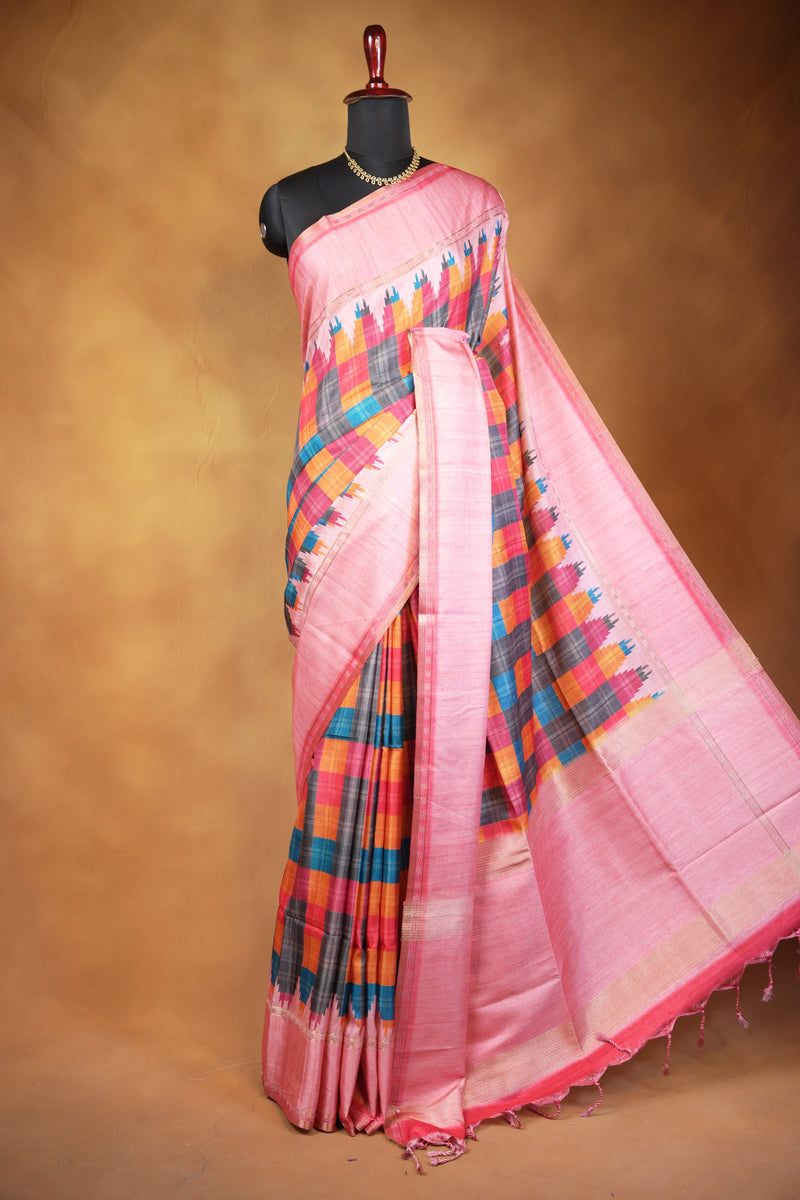 Tussar Silk Saree | Baby Pink with Multicolor Ikat Checkered Print | Festive & Casual Wear