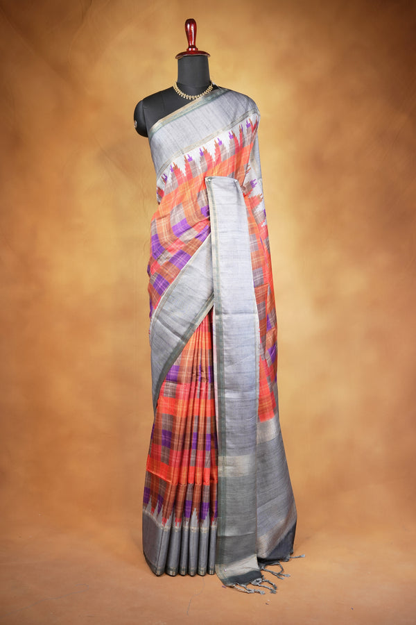 Tussar Silk Saree | Grey with Multicolor Ikat Checkered Print | Festive & Casual Wear
