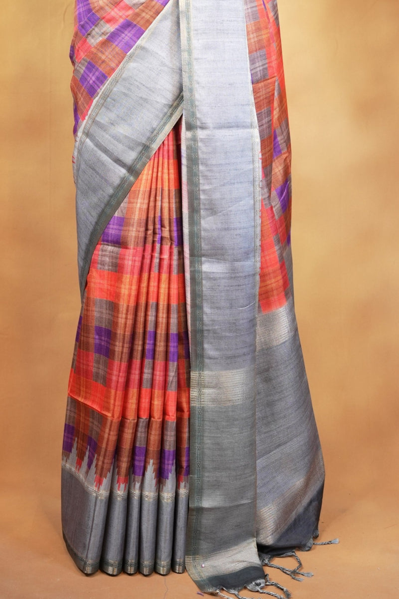 Tussar Silk Saree | Grey with Multicolor Ikat Checkered Print | Festive & Casual Wear
