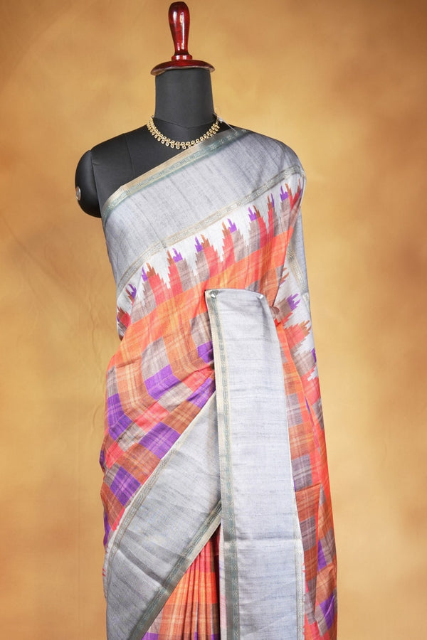 Tussar Silk Saree | Grey with Multicolor Ikat Checkered Print | Festive & Casual Wear