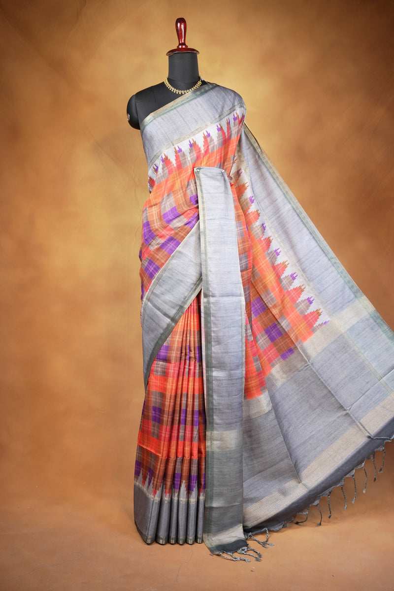 Tussar Silk Saree | Grey with Multicolor Ikat Checkered Print | Festive & Casual Wear