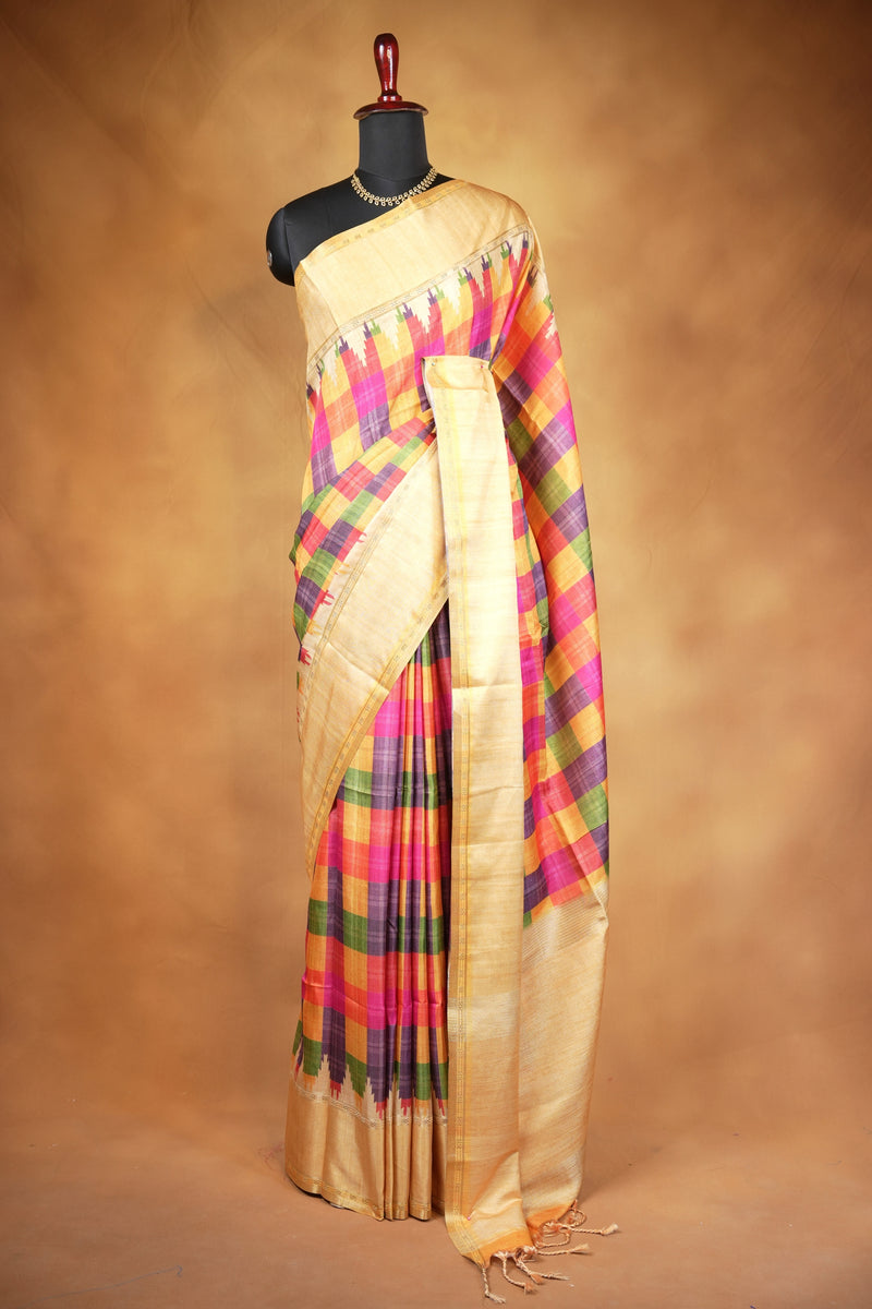 Tussar Silk Saree | Beige with Multicolor Ikat Checkered Print | Festive & Casual Wear