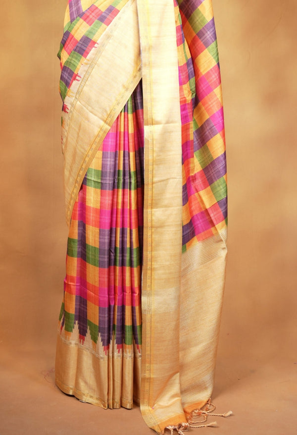 Tussar Silk Saree | Beige with Multicolor Ikat Checkered Print | Festive & Casual Wear