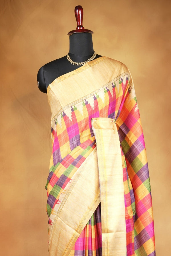 Tussar Silk Saree | Beige with Multicolor Ikat Checkered Print | Festive & Casual Wear