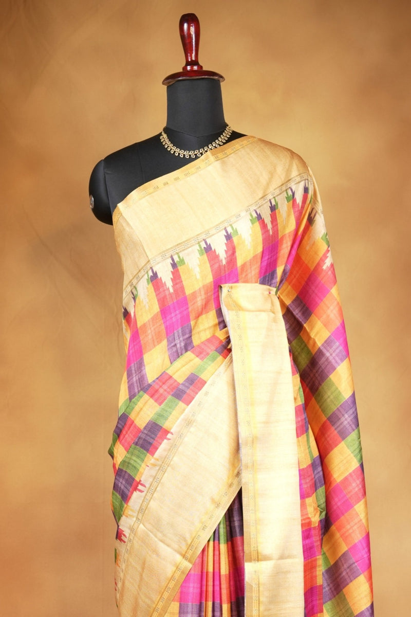 Tussar Silk Saree | Beige with Multicolor Ikat Checkered Print | Festive & Casual Wear