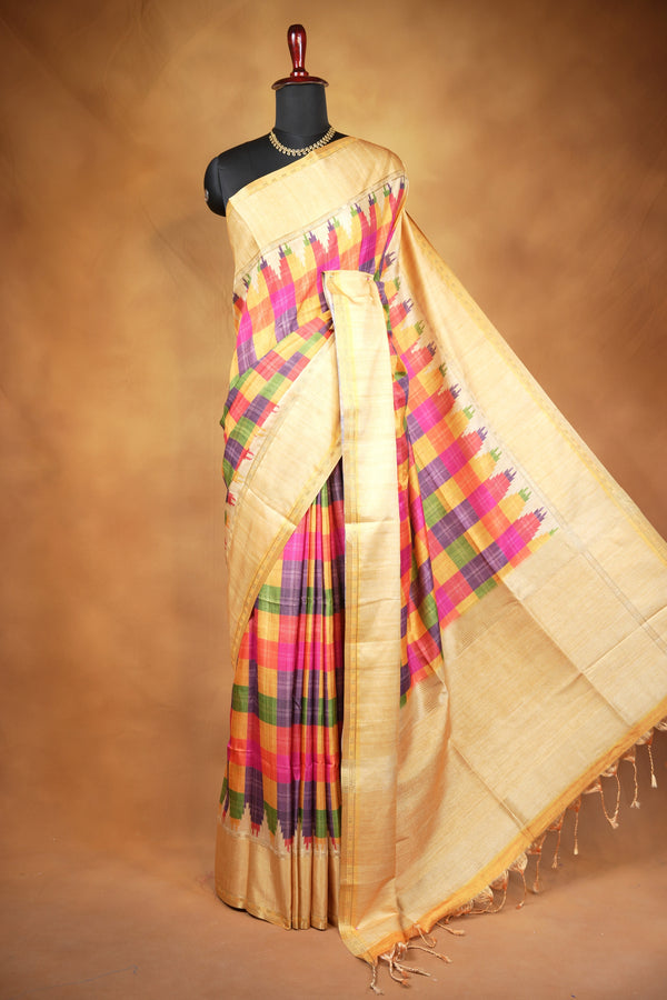 Tussar Silk Saree | Beige with Multicolor Ikat Checkered Print | Festive & Casual Wear