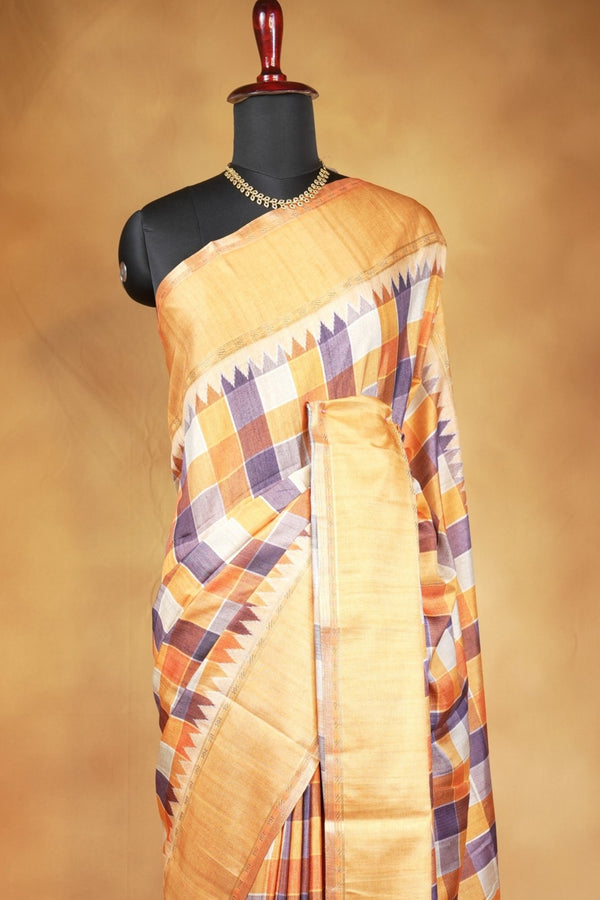 Tussar Silk Saree | Mustard Gold with Multicolor Ikat Checkered Print | Festive & Casual Wear