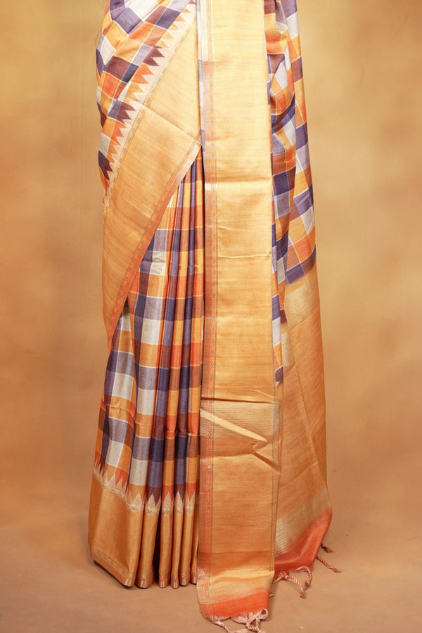 Tussar Silk Saree | Mustard Gold with Multicolor Ikat Checkered Print | Festive & Casual Wear