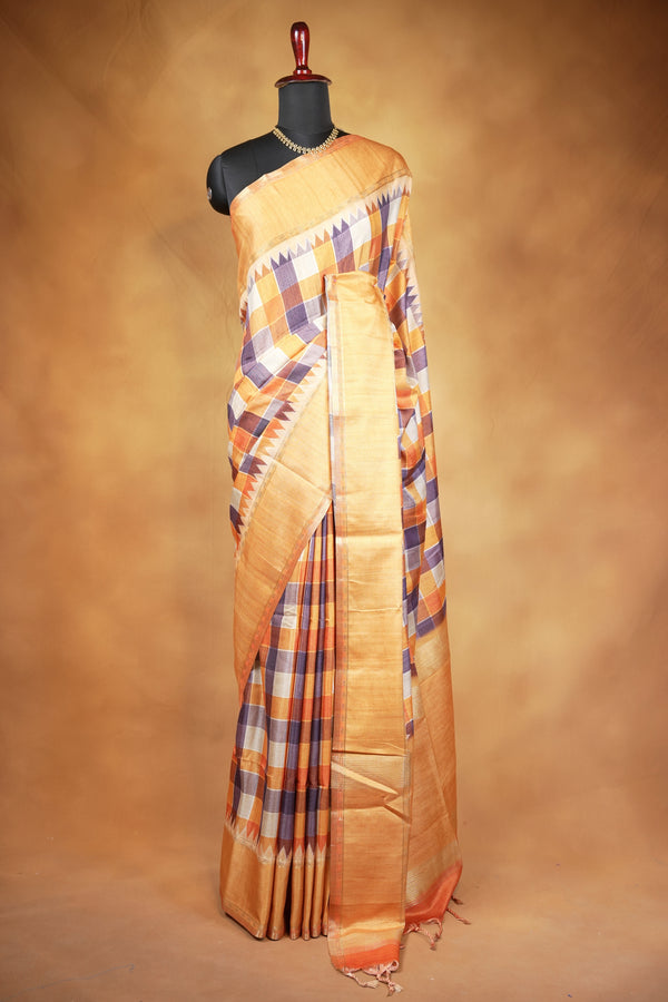 Tussar Silk Saree | Mustard Gold with Multicolor Ikat Checkered Print | Festive & Casual Wear