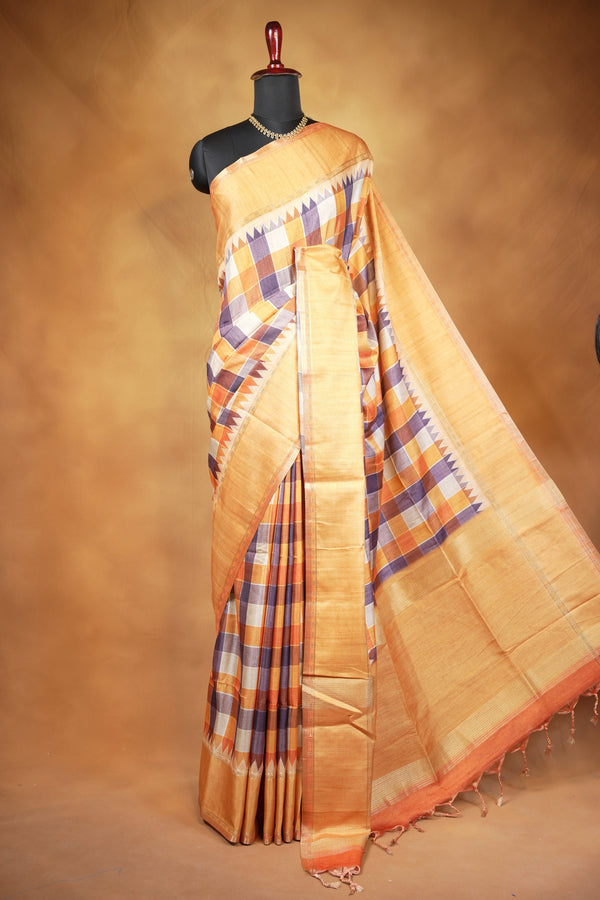 Tussar Silk Saree | Mustard Gold with Multicolor Ikat Checkered Print | Festive & Casual Wear