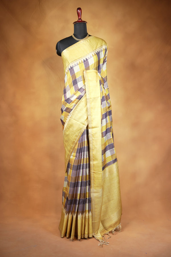 Tussar Silk Saree | Lemon Yellow with Multicolor Ikat Checkered Print | Festive & Casual Wear