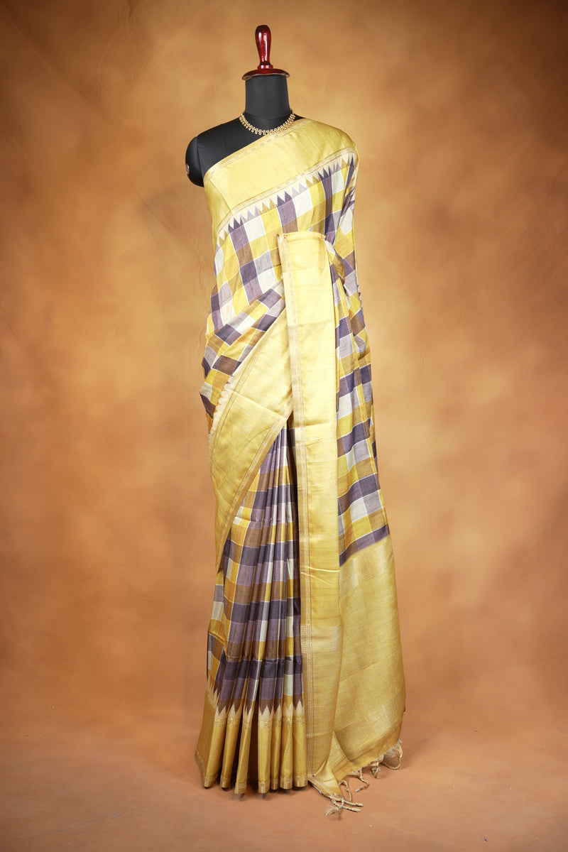 Tussar Silk Saree | Lemon Yellow with Multicolor Ikat Checkered Print | Festive & Casual Wear
