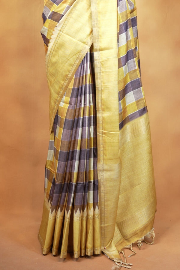 Tussar Silk Saree | Lemon Yellow with Multicolor Ikat Checkered Print | Festive & Casual Wear