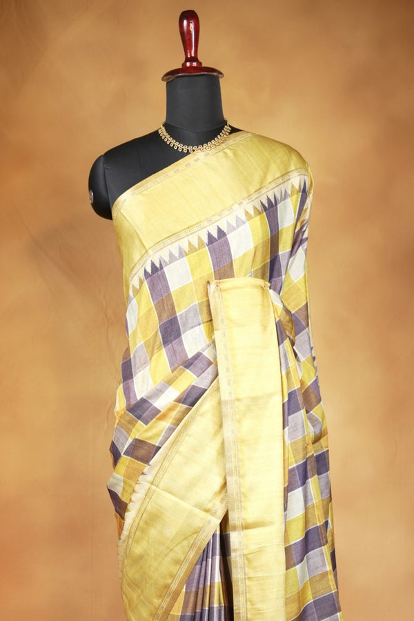 Tussar Silk Saree | Lemon Yellow with Multicolor Ikat Checkered Print | Festive & Casual Wear