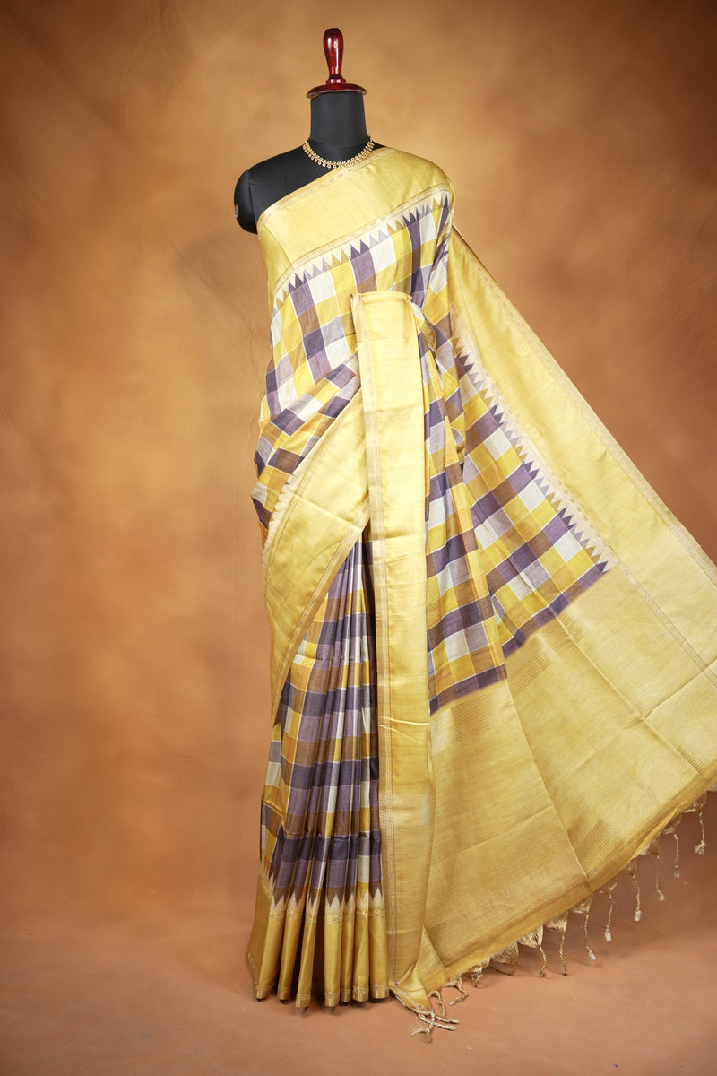 Tussar Silk Saree | Lemon Yellow with Multicolor Ikat Checkered Print | Festive & Casual Wear