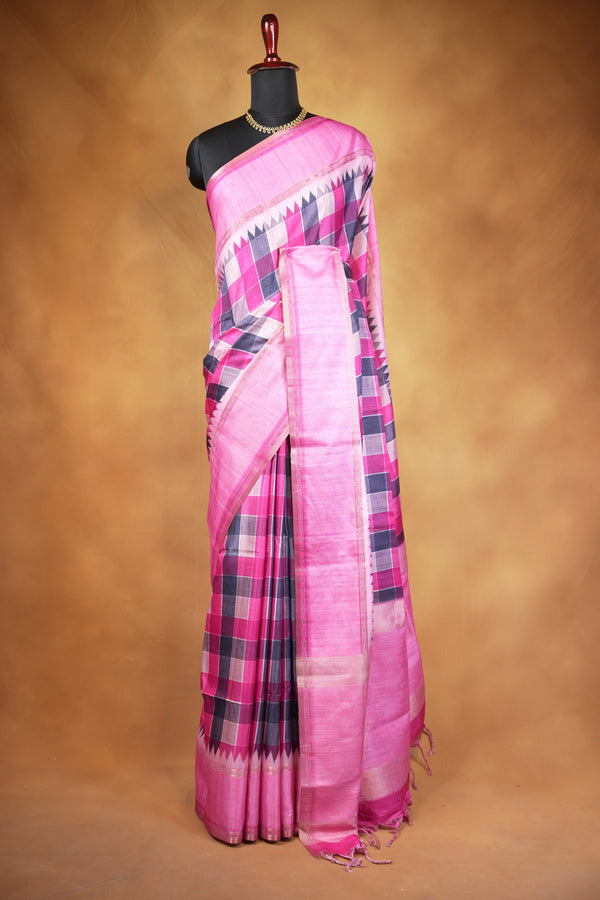 Tussar Silk Saree | Pink with Multicolor Ikat Checkered Print | Festive & Casual Wear