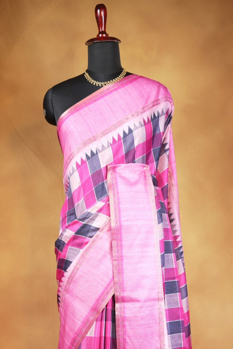 Tussar Silk Saree | Pink with Multicolor Ikat Checkered Print | Festive & Casual Wear