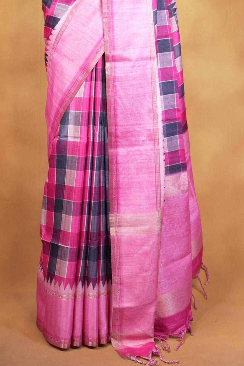 Tussar Silk Saree | Pink with Multicolor Ikat Checkered Print | Festive & Casual Wear