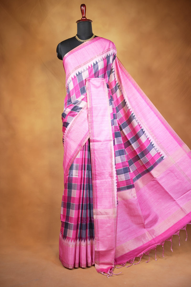 Tussar Silk Saree | Pink with Multicolor Ikat Checkered Print | Festive & Casual Wear